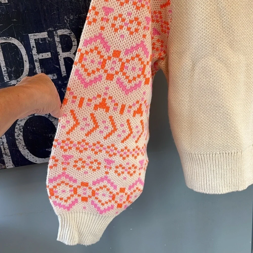 🇪🇸🐠H&M Nordic sweater cropped crew neck patterned cream pink orange small BUDGET